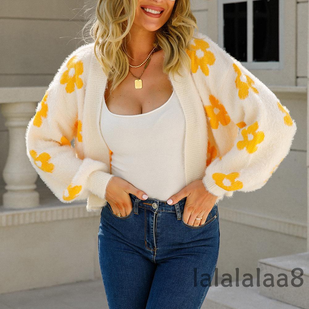 Laa8-áo Khoác Cardigan Len Móc Tay Dài Họa Tiết Bông Hoa Mở Phía Trước Size S / M / L / XL
