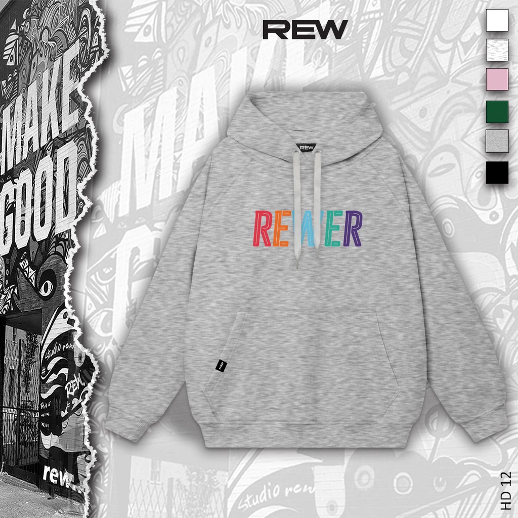 Áo Hoodie xám ghi đậm form rộng 100% Cotton REW - Định Lượng 350GSM form rộng Unisex dành cho cả nam và nữ