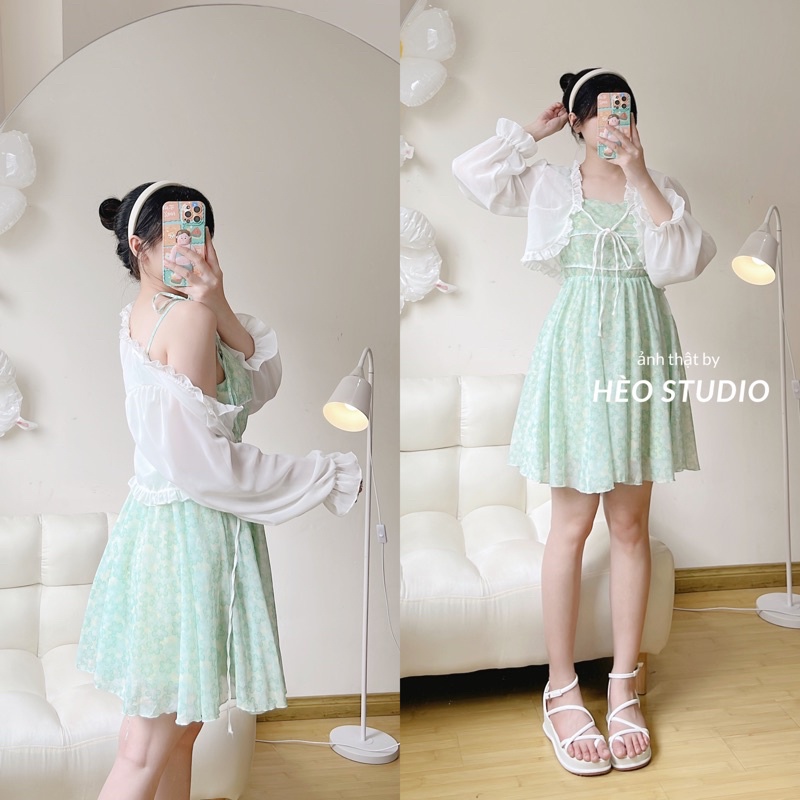 Set Đầm Hoa Mint Kèm Áo Khoác Hèo Studio