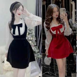 Đầm nhung cổ ren thắt nơ tay dài dáng ngắn/dáng dài xinh xắn