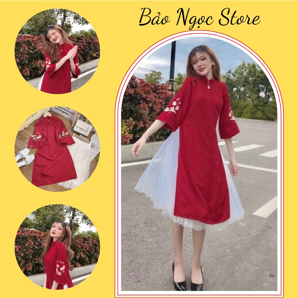 Áo Dài Đỏ Nữ, Áo Dài Cách Tân Nữ Tay Thêu Kèm Chân Váy Ren ( Có Lót ) Chất Vải Cao Cấp Nhiều Size.