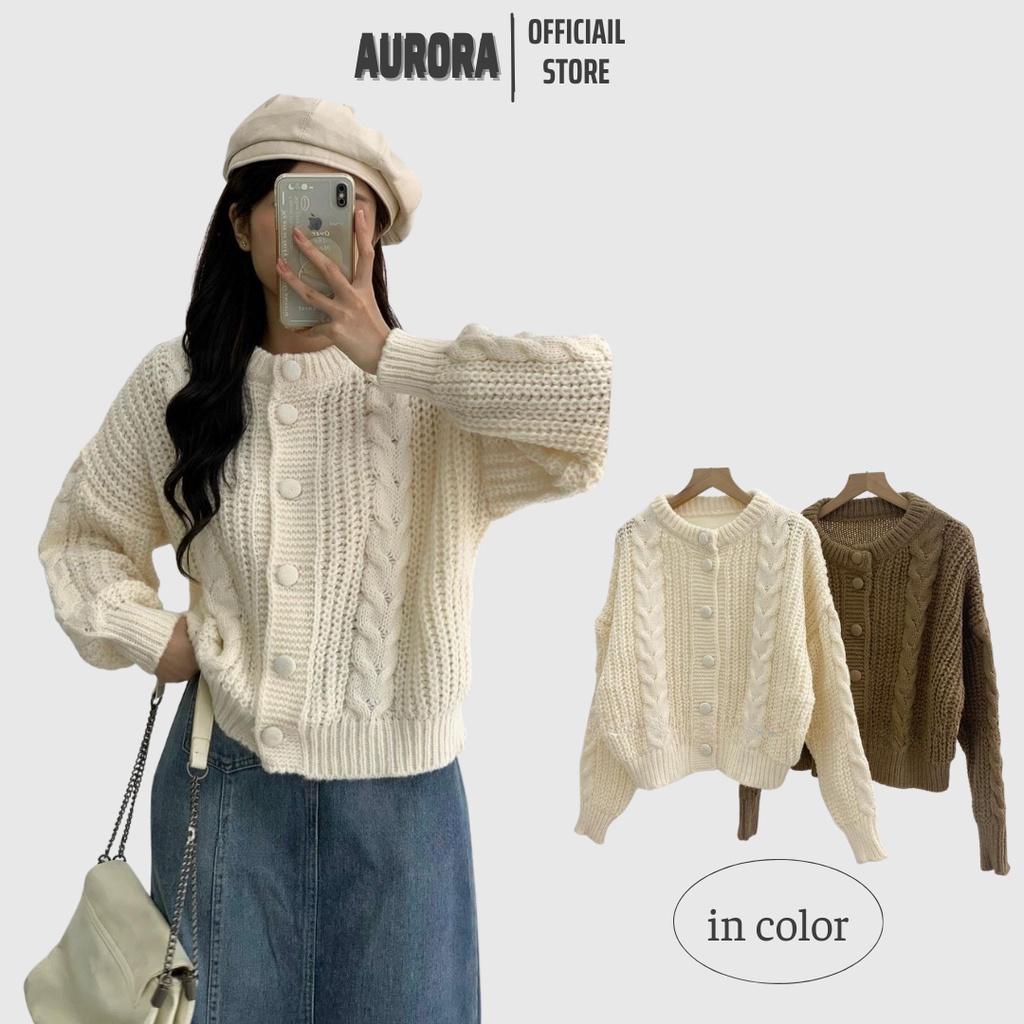 Áo cardigan len thừng cúc bọc dáng lửng phong cách Hàn Quốc