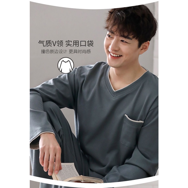 Bộ Đồ Ngủ Vải Cotton Mỏng Tay Dài Dáng Rộng Màu Sắc Đơn Giản Thời Trang Xuân Thu Cho Nam