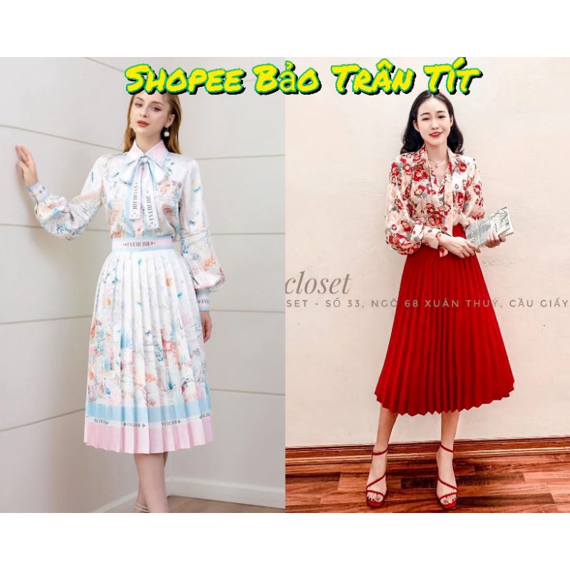 SET ÁO HOA CỔ SƠ MI CHÂN VÁY MIDI HOA