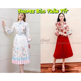 SET ÁO HOA CỔ SƠ MI CHÂN VÁY MIDI HOA