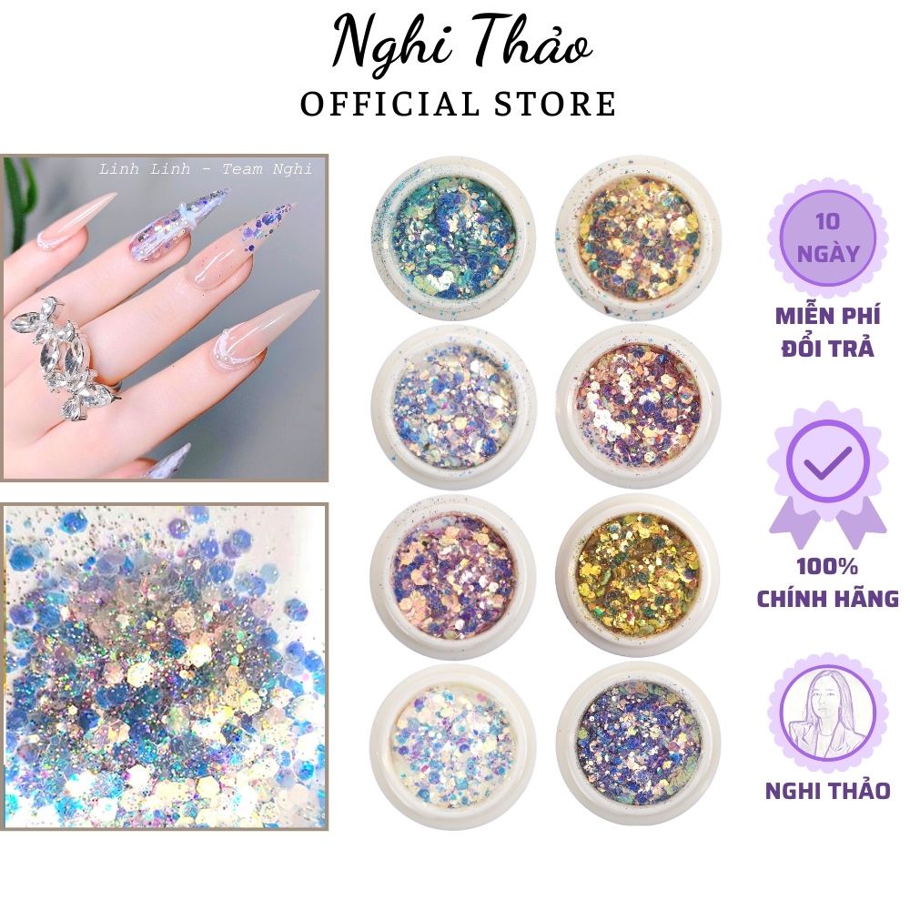 Nhũ kim tuyến nail NGHI THẢO 8 màu siêu sáng 8 hũ