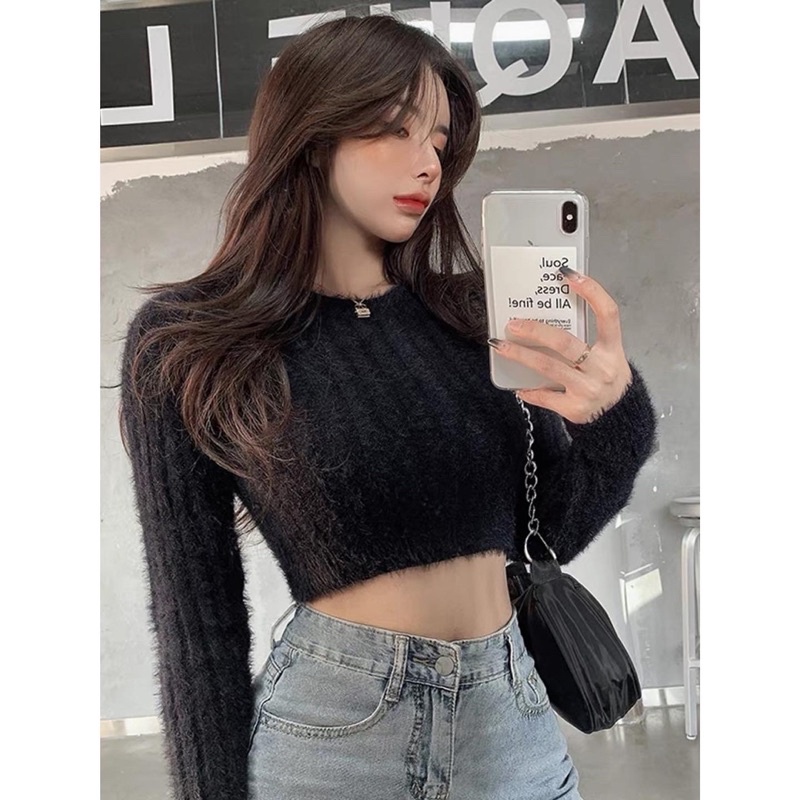 Áo len lông croptop ôm tay dài