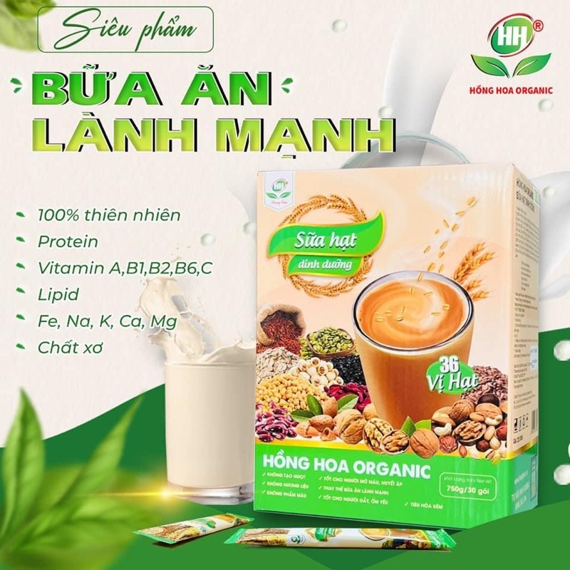 Sữa Hạt Dinh Dưỡng - 36 Vị Hạt Hồng Hoa Oganic,Tăng Cường Sức Đề Kháng, Dùng Cho Cả Gia Đình ( Hộp 30 Gói)