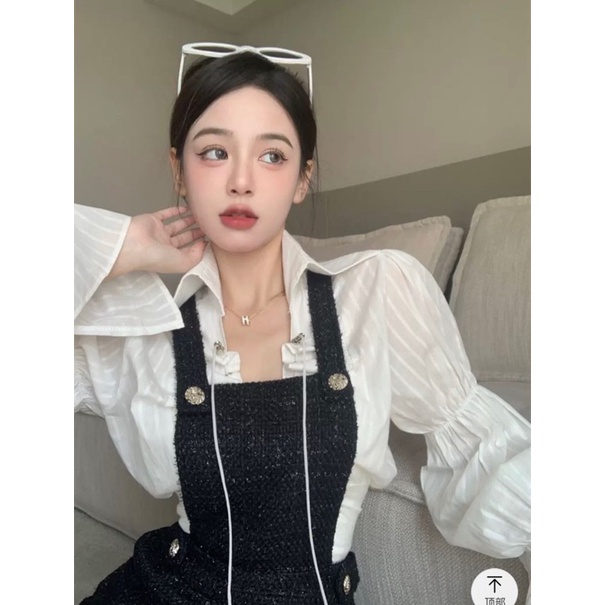 ORDER Set váy yếm chất dạ phối áo sơmi tay phồng cổ rộng siêu cao cấp CÓ CỘT NƠ SAU LƯNG vid thật