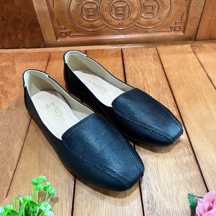 Giày búp bê da bò thời trang Trường Hải đế bằng màu đen BB126Đ