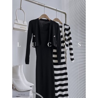 Váy set len: váy 2 dây, cardigan mỏng tay dài