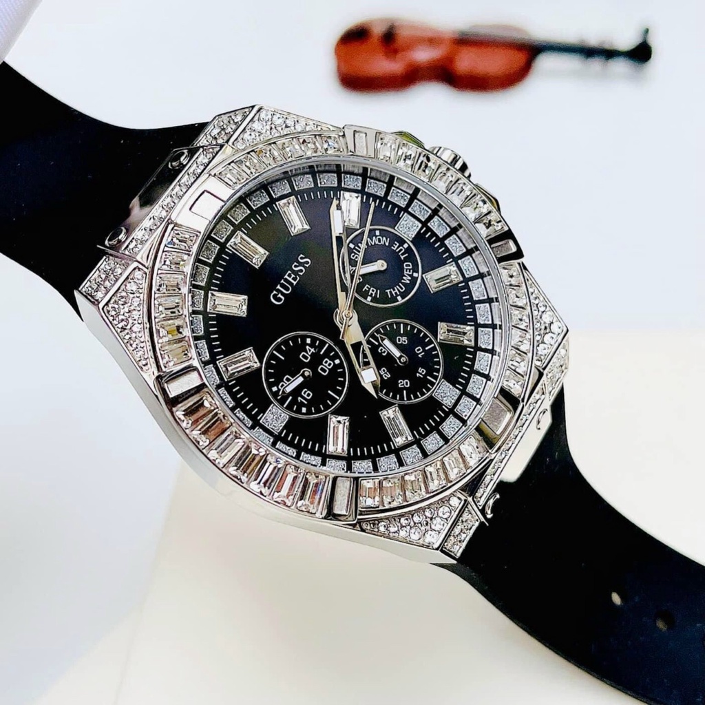 Đồng Hồ Nam Guess GW0208G1 Đính Đá - Vỏ Bạc - Dây Silicon - Size 47mm