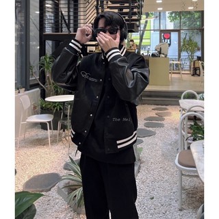CÓ SẴN - Áo khoác bóng chày thân dạ tay da,full đen - Varsity jacket Raincome - Hàng chuẩn - The Mei