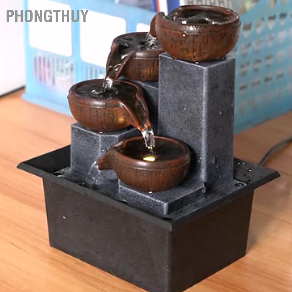 Thác nước phong thuỷ - Đài Phun Nước Để Bàn Có Đèn LED Ánh Sáng Vàng Trang Trí