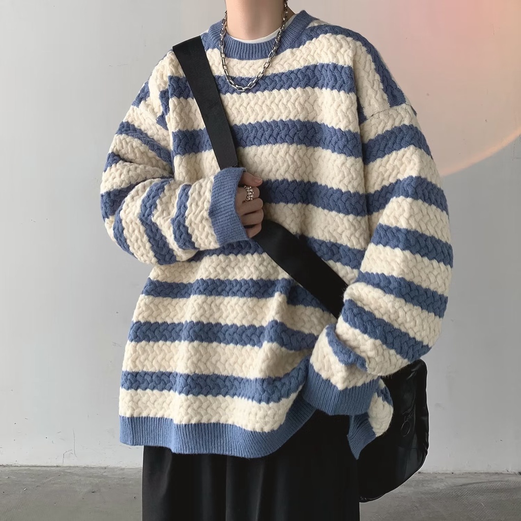 Áo Khoác Sweater Dệt Kim Dày Tay Dài Kẻ Sọc Kiểu Hàn Quốc Thời Trang Thu Đông Cho Nam