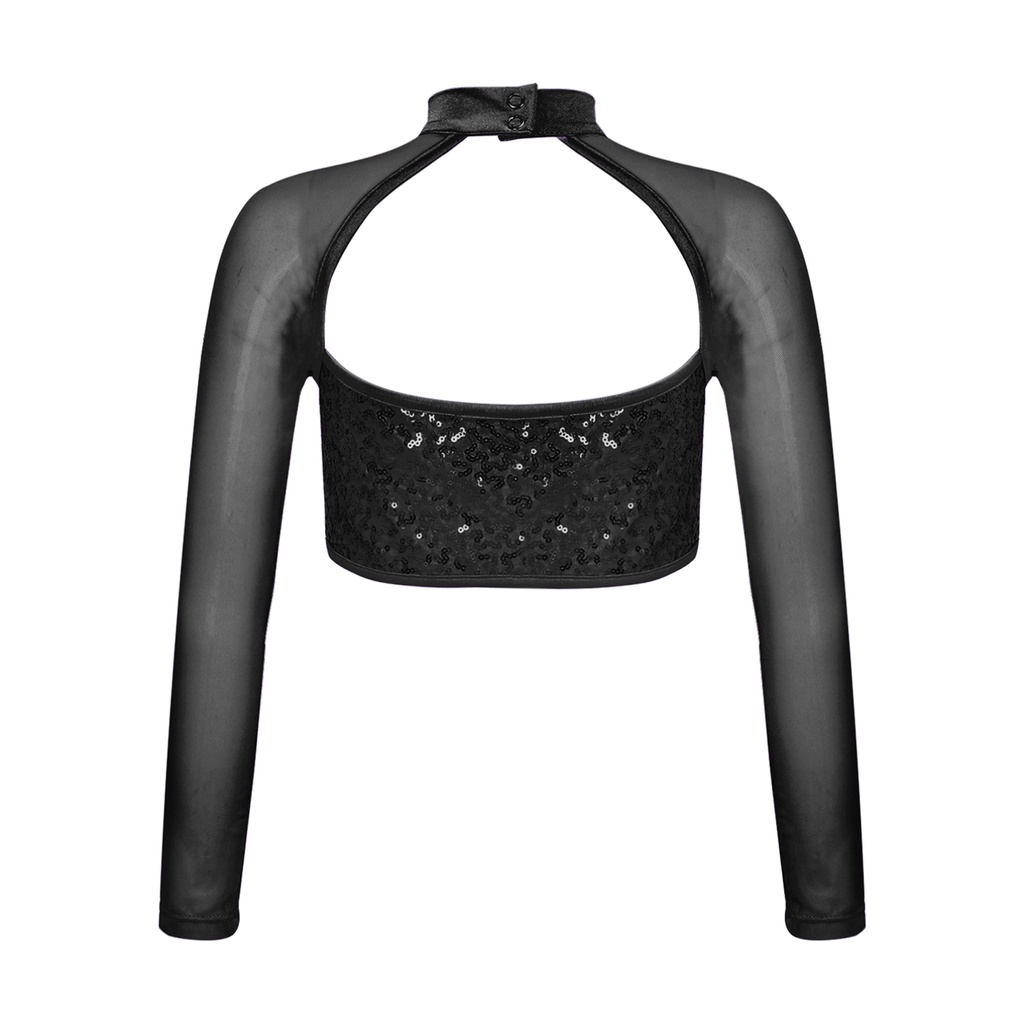 Trẻ Em Bé Gái Thời Trang Quần Áo Dài Tay Cổ Tròn Rỗng Sáng Bóng Kim Sa Lấp Lánh Trang Trí Khiêu Vũ Crop Top