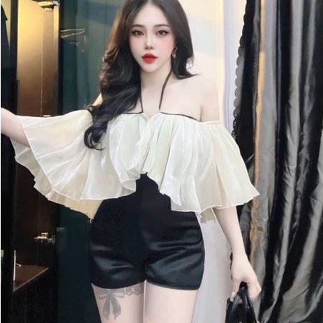 Áo bẹt vai voan kính màu trắng phối dây xinh xắn❤️