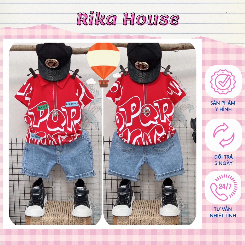 Quần áo bé trai, bộ jean cổ trụ chữ PQ sành điệu cho bé trai từ 10 đến 55 kg