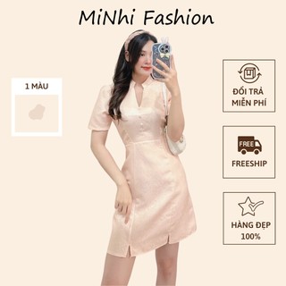 Đầm cổ V, Đầm thiết kế nữ Cao Cấp màu kem, cổ lọ cao đính khuy ngực, tay ngắn dáng xòe - MiNhi Fashion