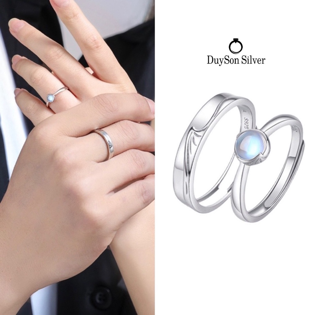 Nhẫn đôi bạc 925 nam nữ đính đá Moonstone DUYSON SILVER, nhẫn cặp bạc Ý 925 đính đá chỉnh được cỡ