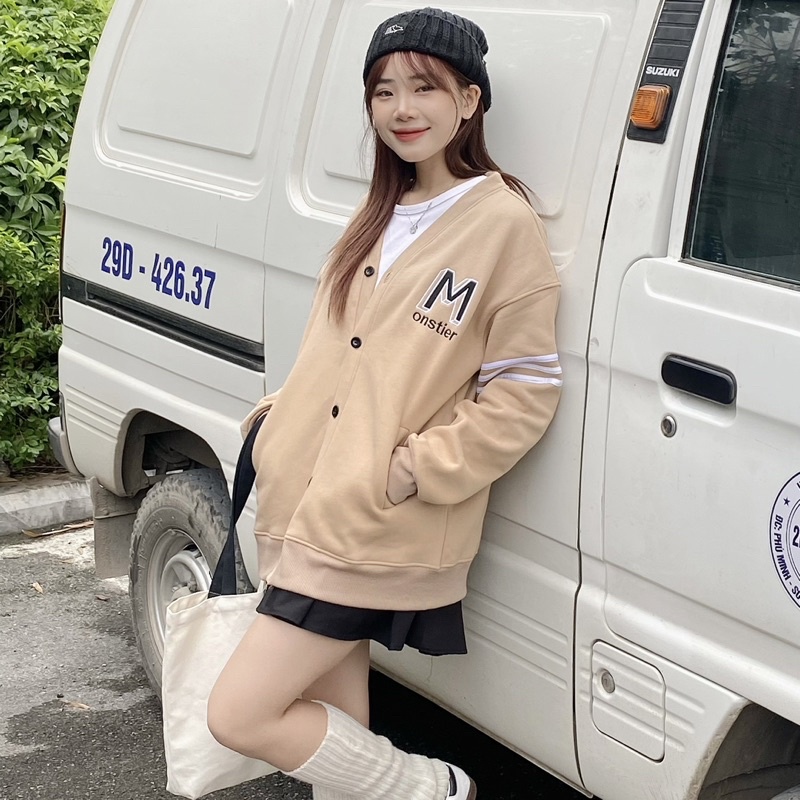 Áo Khoác Cardigan Thêu Chữ M & Hình In Dễ Thương Sau Áo - Monstier Oldschool Oversized Cardigan