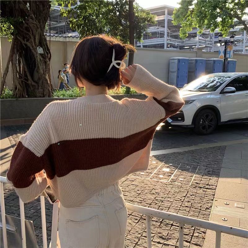 Áo Sweater Dệt Kim Dáng Rộng Ngắn Kẻ Sọc Màu Sắc Tương Phản Kiểu Vintage Nhật Bản