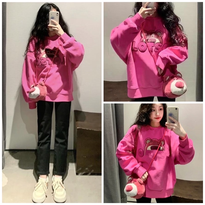 Áo Nỉ Sweater Gấu Dâu Hồng From rộng, Tay bồng chất nỉ dày dặn