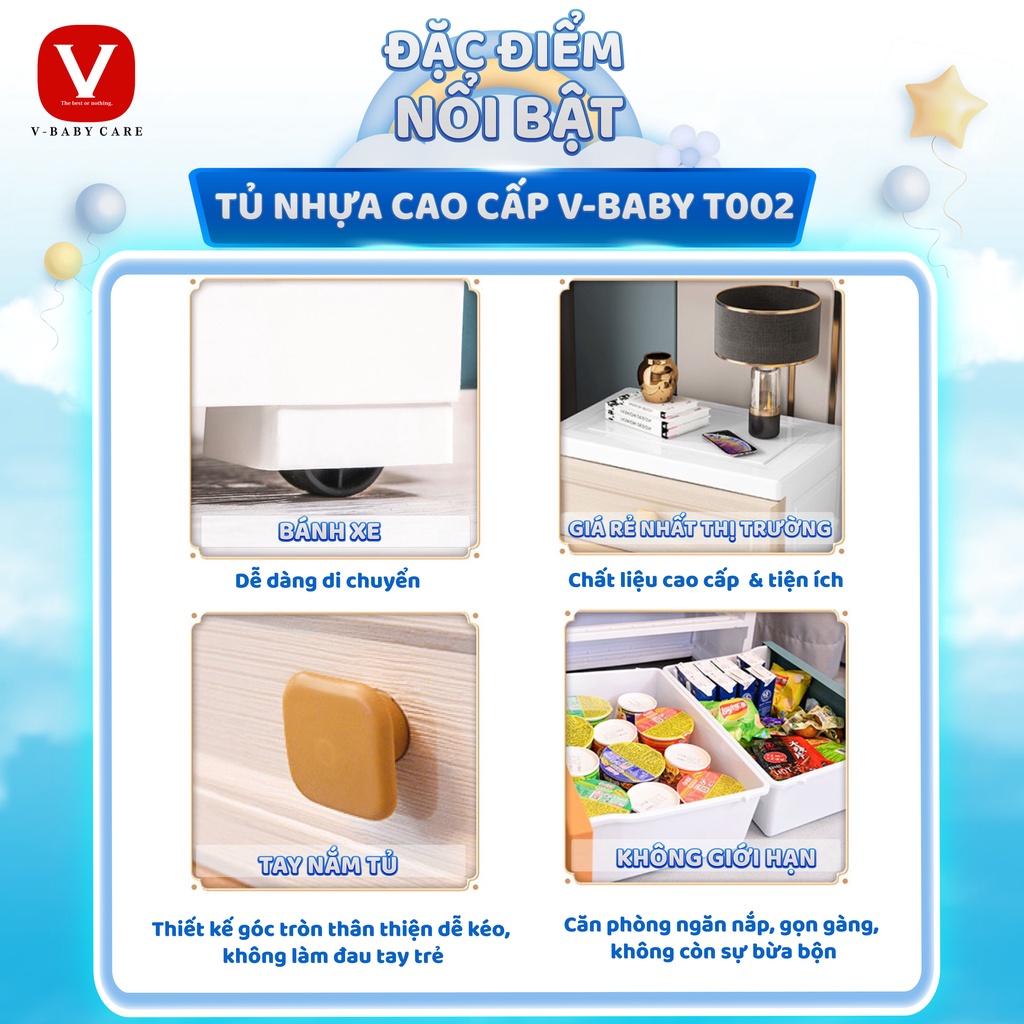 Tủ quần áo cho bé tiện lợi xinh xắn V-Baby T002  nhựa PP an toàn, chắc chắn, nhiều ngăn rộng rãi