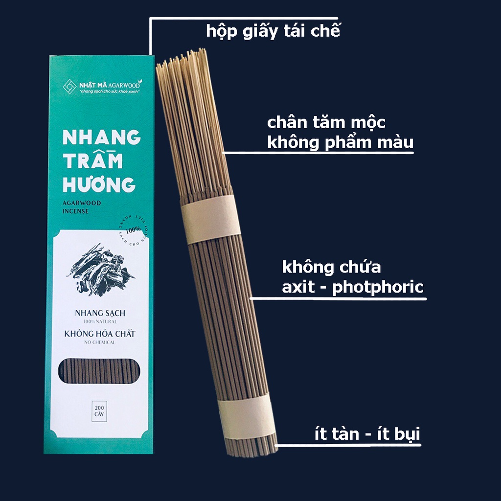 Nhang trầm hương sạch - Nhật Mã Agarwood - Loại cao cấp, hộp 200 cây 30cm tăm mộc