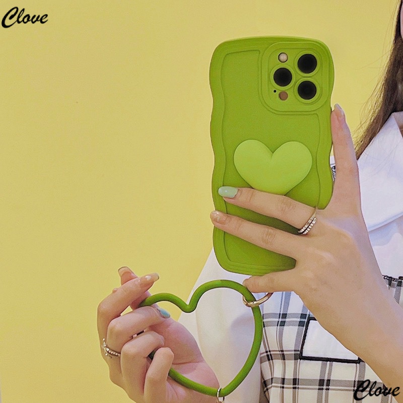Ốp Điện Thoại Họa Tiết Trái Tim Màu Xanh Lá Thời Trang Gắn Dây Đeo Cho iPhone12promax xs13xr 11