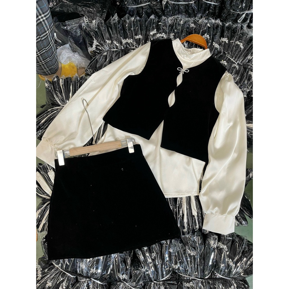Set 3 món gile chân váy nhung kèm sơ mi lụa kèm nơ đá Setnhungmixaosatin0203