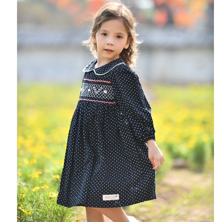 Váy Đầm Bé Gái SMOCK CÔ NẮNG Nhung Tăm Xanh Than Chấm Bi Dài Tay Thêu Chỉ Trắng