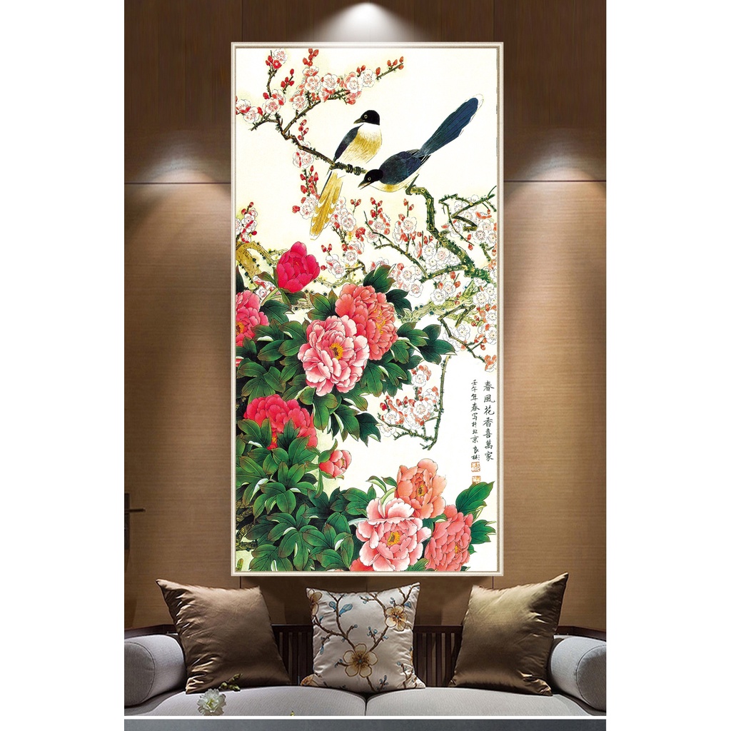 Tranh canvas treo tường hoa mẫu đơn và chim khổ dọc 50 x 100 cm