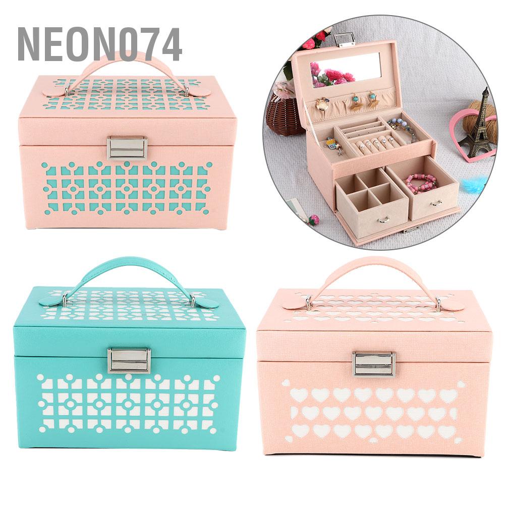 Neon074 Da PU di động Dung tích lớn Hộp đựng trang sức tổ chức có gương