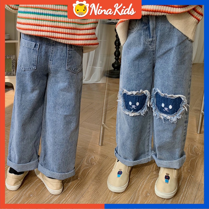 Quần Jean Ống Rộng Họa Tiết Mèo Hoạt Hình Phong Cách Hàn Quốc Cho Bé Gái 2-8 Tuổi