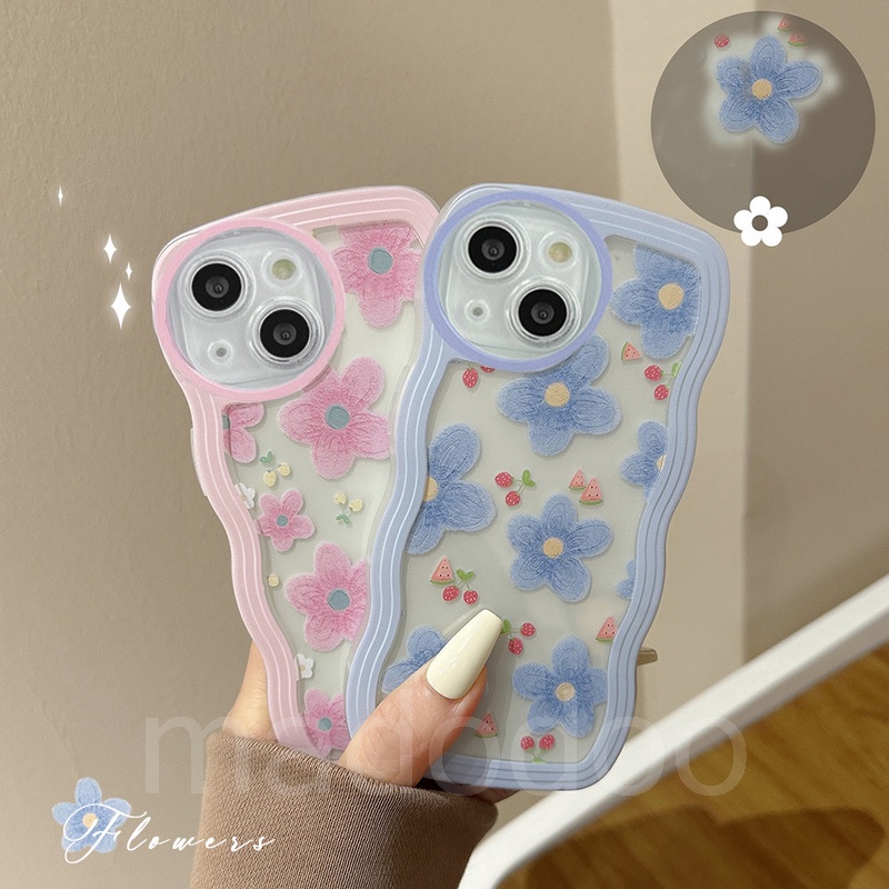 Samsung Galaxy A54 A34 A24 A14 A04 A12 A23 A73 A53 A52 A52S A33 A32 A72 A22 A13 4G 5G A03S A02S A11 A02 A03 A51 A50 A50S A30S A20 A30 A20S A10S A21S M12 M22 M32 M11 M02 Cute Strawberry Blue Pink Flower Waves Edge Shockproof TPU Soft Clear Phone Case BW 33