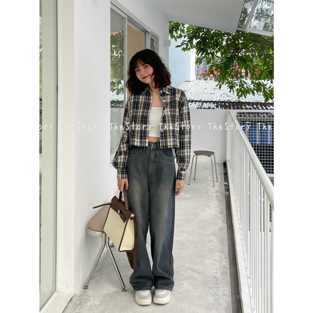 Áo sơ mi caro tay dài dáng croptop  A2843
