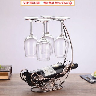 Kệ để vang kèm giá treo 4 ly, giá đỡ rượu vang có móc treo 4 ly trang trí bàn ăn quầy bar phòng bếp
