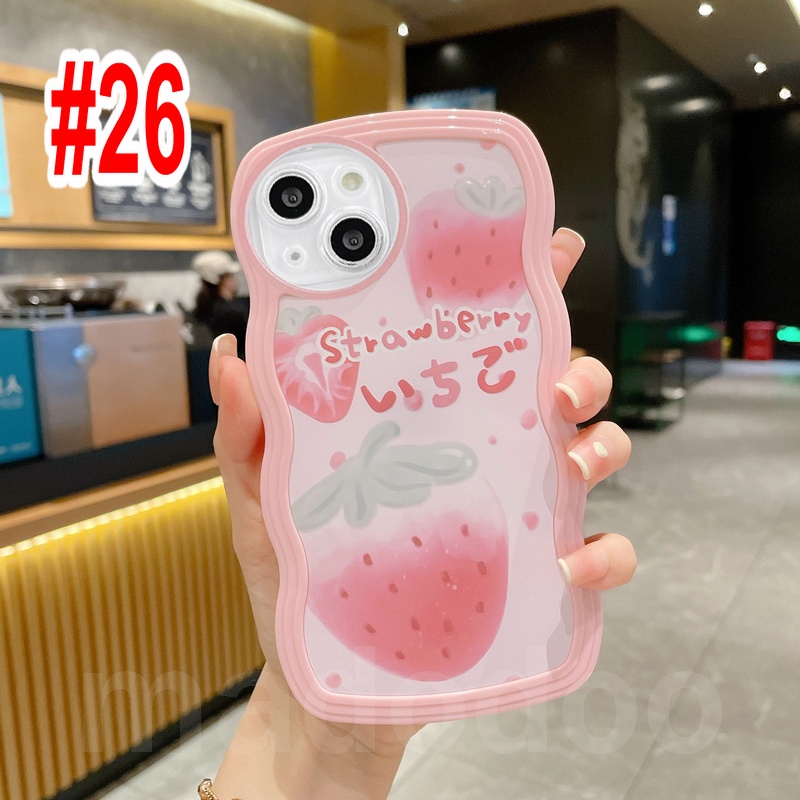 Cute Casing For iPhone 14 13 12 11 Pro Xs max Mini 7 8 6 6S Plus X XR 14ProMax 13promax 12promax 11promax 6+6S+ 7+ 8+ ins Pink Strawberry Waves Edge Fine Hole Airbag Shockproof Soft Phone Case BW 25