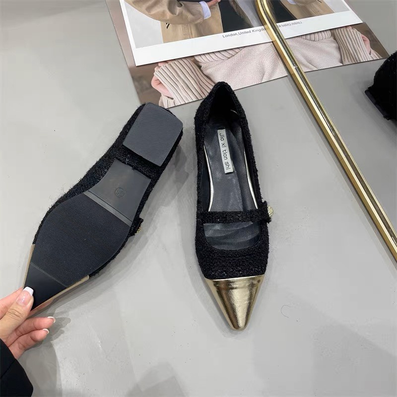 Giày búp bê mũi nhọn dạ tweed họa tiết phối màu phong cách tiểu thư sang chảnh