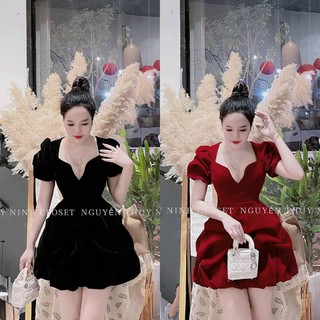 Đầm nhung thiết kế nhún hoa tay bồng