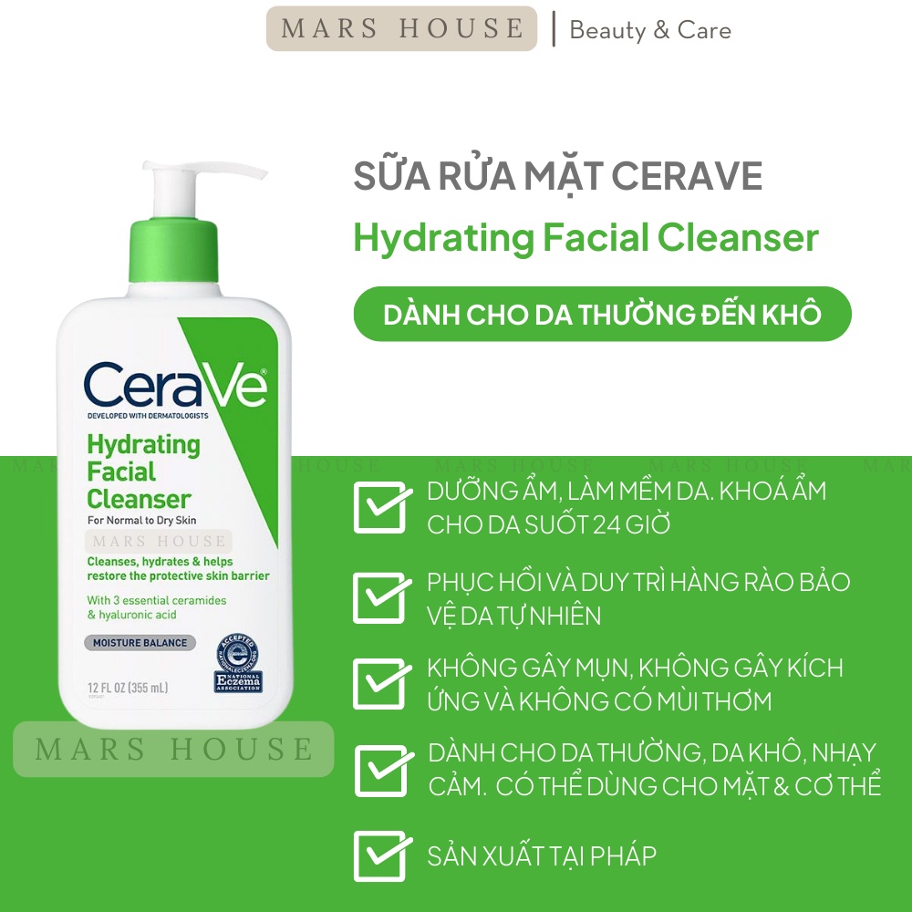 Sửa Rửa Mặt CeraVe Cho Da Dầu Foaming Cleanser, SRM CeraVe Cho Da Khô Cerave Hydrating Cleanser - Pháp