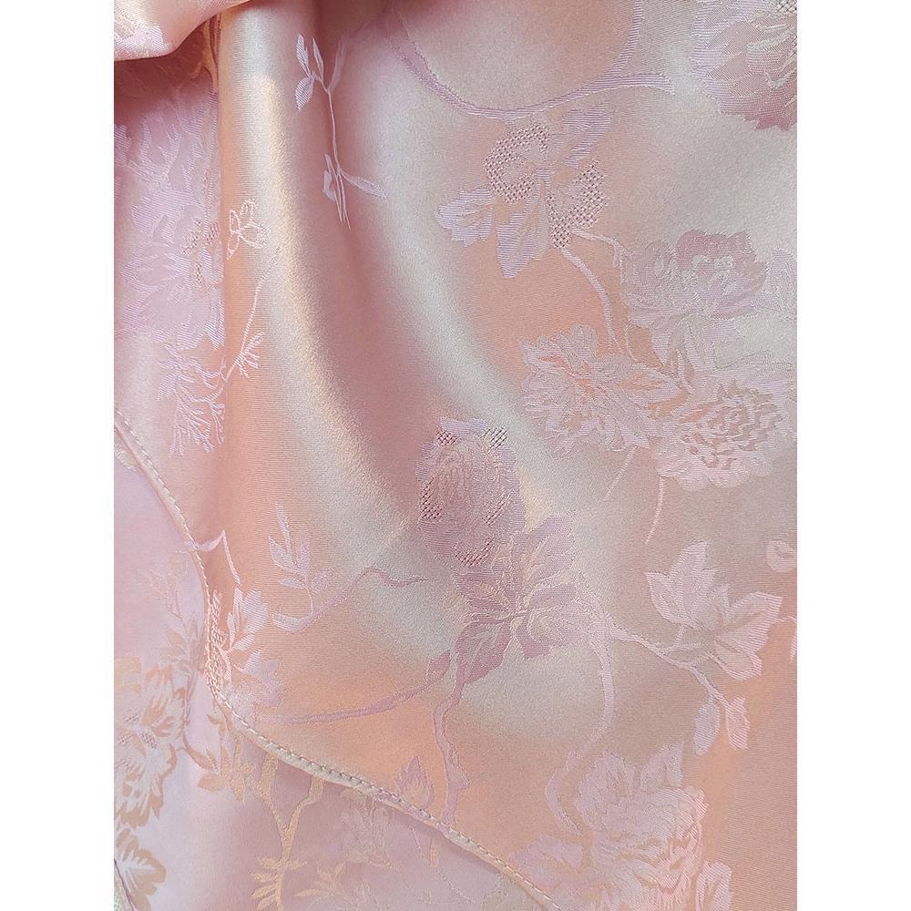 Women Pink Chinese Style Buttoned Round Neck Imitation Silk Shirt