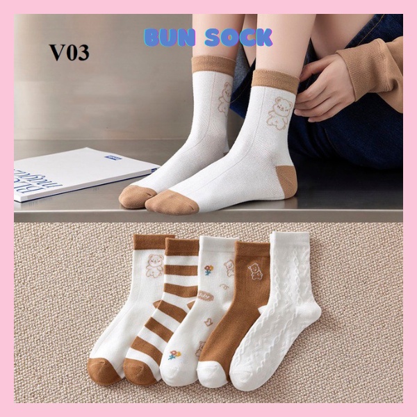 Tất nữ Vớ nữ cao cổ set 5 đôi màu nâu trắng V3 chất liệu co giãn phong cách trẻ trung