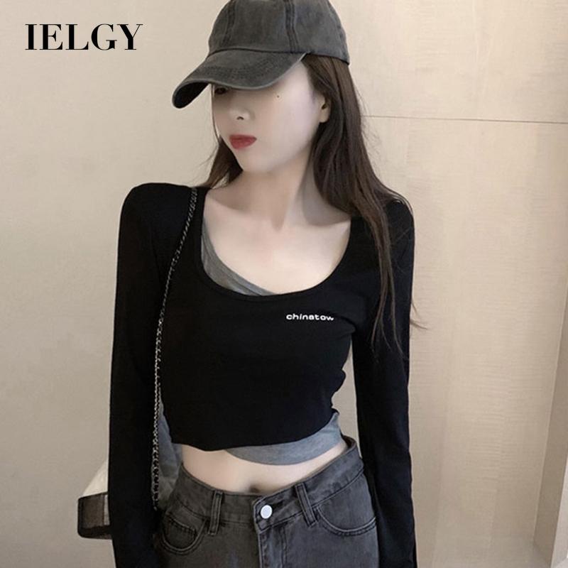 IELGY  IELGY Áo Thun Tay Dài Dáng Ôm Ngắn Màu Đen Thời Trang Cho Nữ