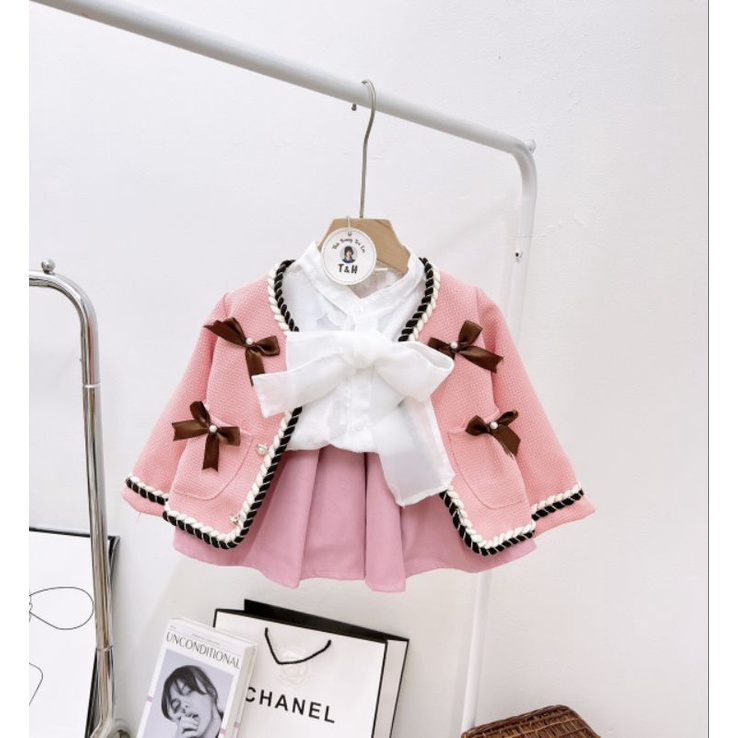 Set 3 chi tiết váy áo nơ kèm khoác dạ 2 lớp tiểu thư xinh xắn bé gái