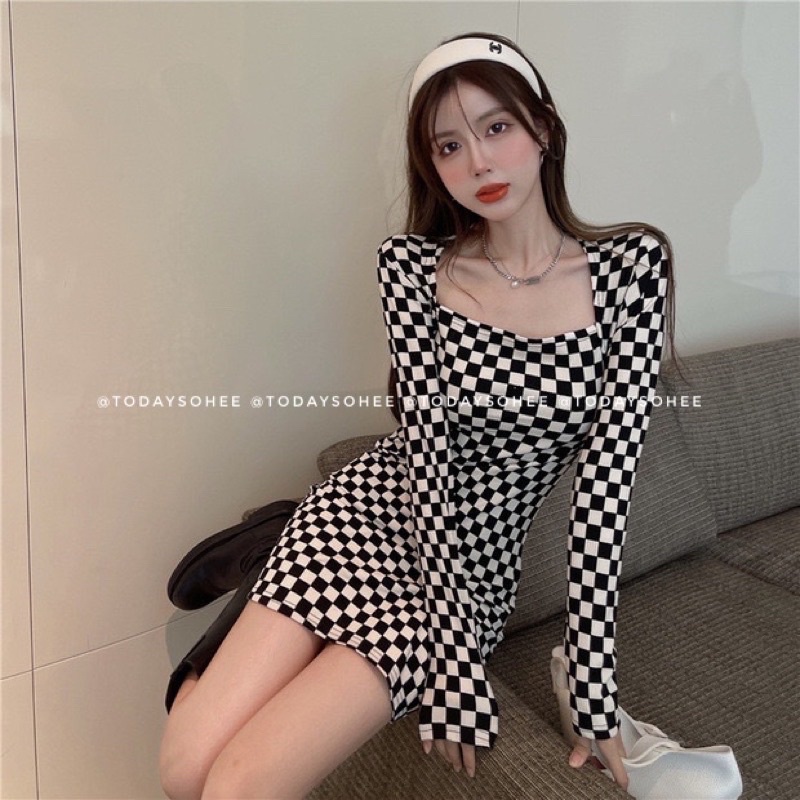 Đầm caro dài tay