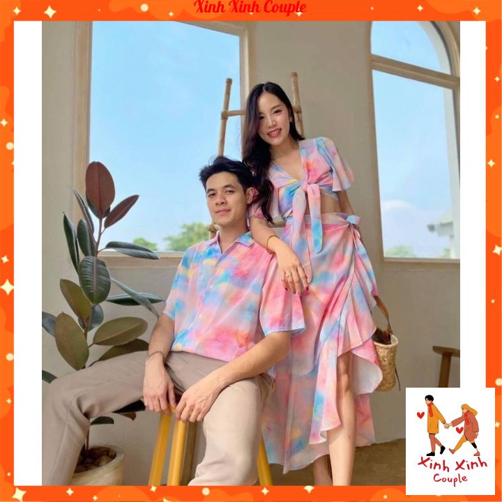 Đồ Đôi Nam Nữ, Áo Đôi Nam Nữ Đi biển đẹp, chụp hình cưới: Set áo váy sơ mi Hàn Quốc(có ảnh thật)