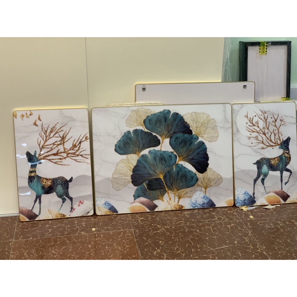 A13 Bộ 3 Tranh Treo Tường Phòng Khách/ Ngủ/ Đại sảnh Decor Nhà Nghỉ Khách Sạn Hươu Sao Và Dải Ngân Hà Tráng Gương Sang