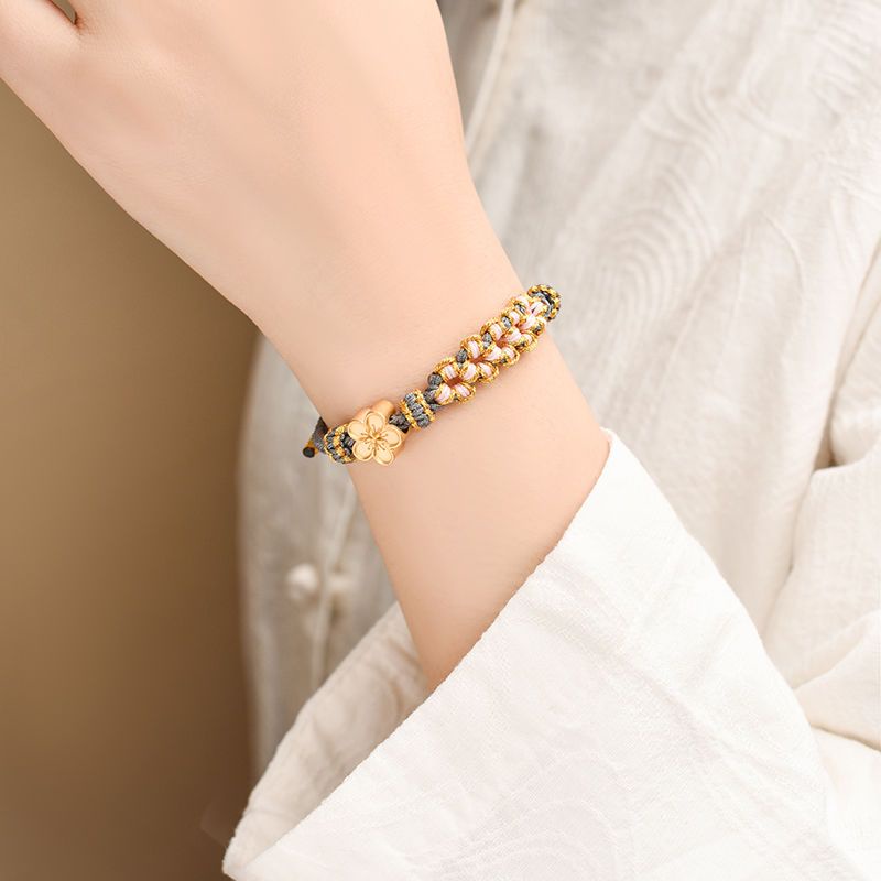 Vòng Đeo Tay Dây Bện Màu Đỏ Nguyên Chất Hình Hoa Đào Cho Cặp Đôi Xiaoh